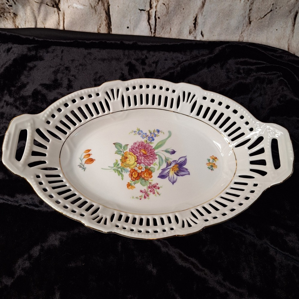 Schwarzenhammer Bavaria Germany US Zone Reticulated Floral Porcelain BreadBasket